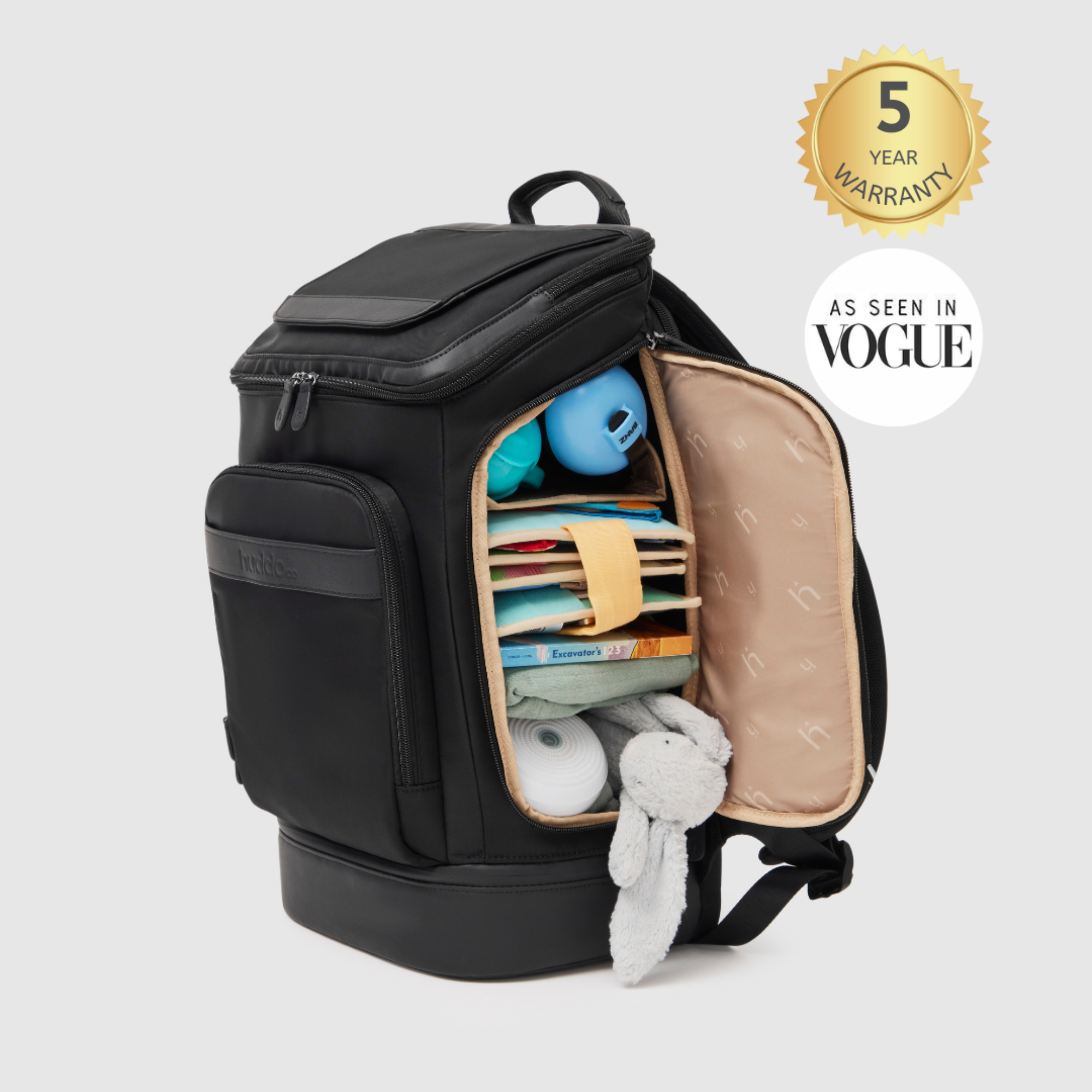 huddoco anywhere baby backpack side view showing side access with customisable shelving system