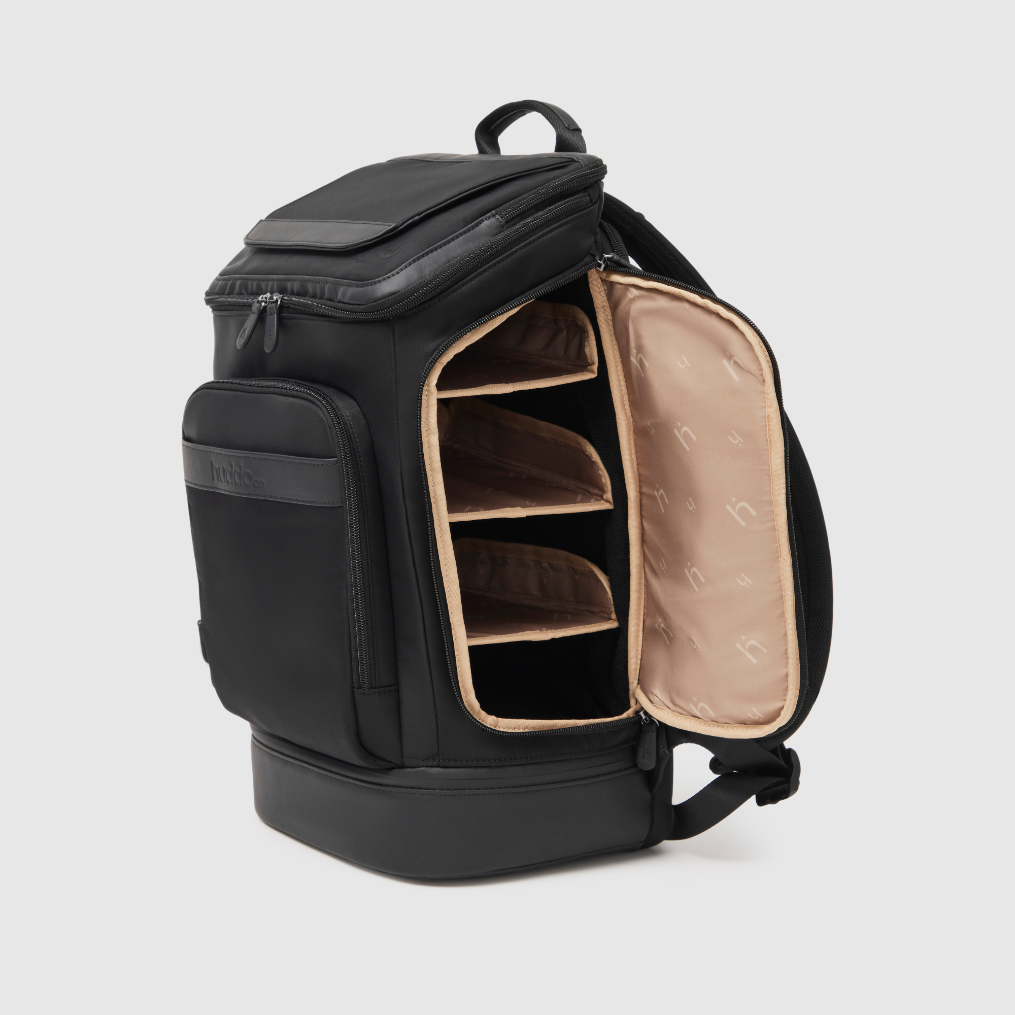 anywhere baby backpack side view showing main compartment side access with 3 custom shelves