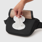 nappy buddy belt bag shown with wipes dispenser with refillable wipes case included with bag